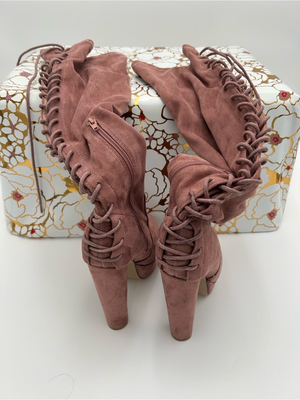 Source Unknown Dusty Rose Suede Lace-Up Over-The-Knee Heeled Boots